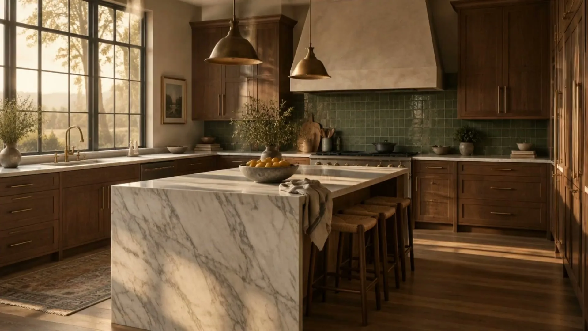 A walnut kitchen with a stone island