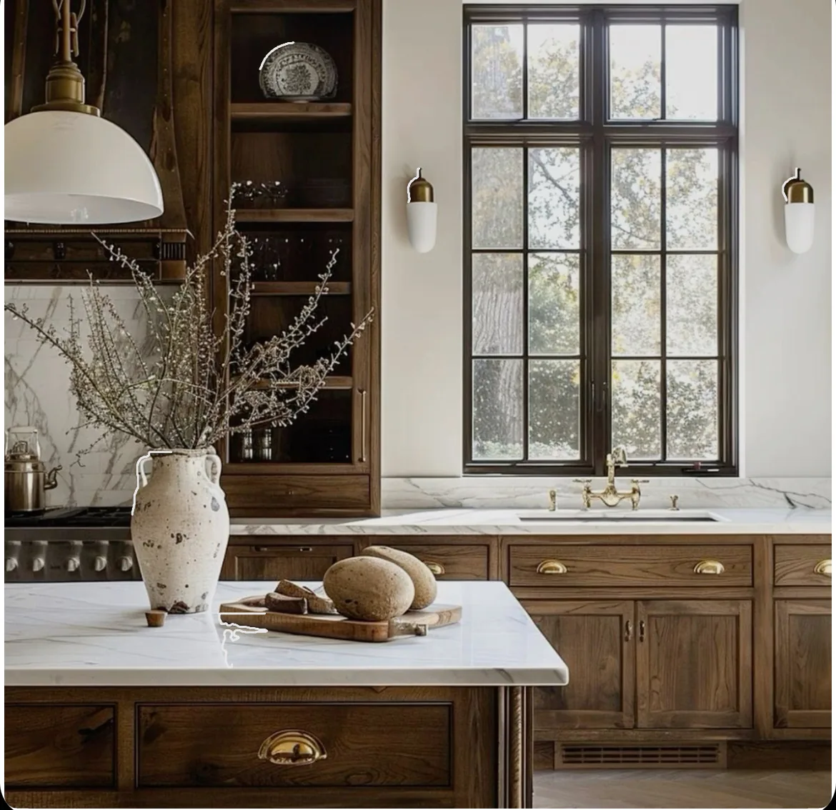 Walnut cabinets with a white stone island and tall windows