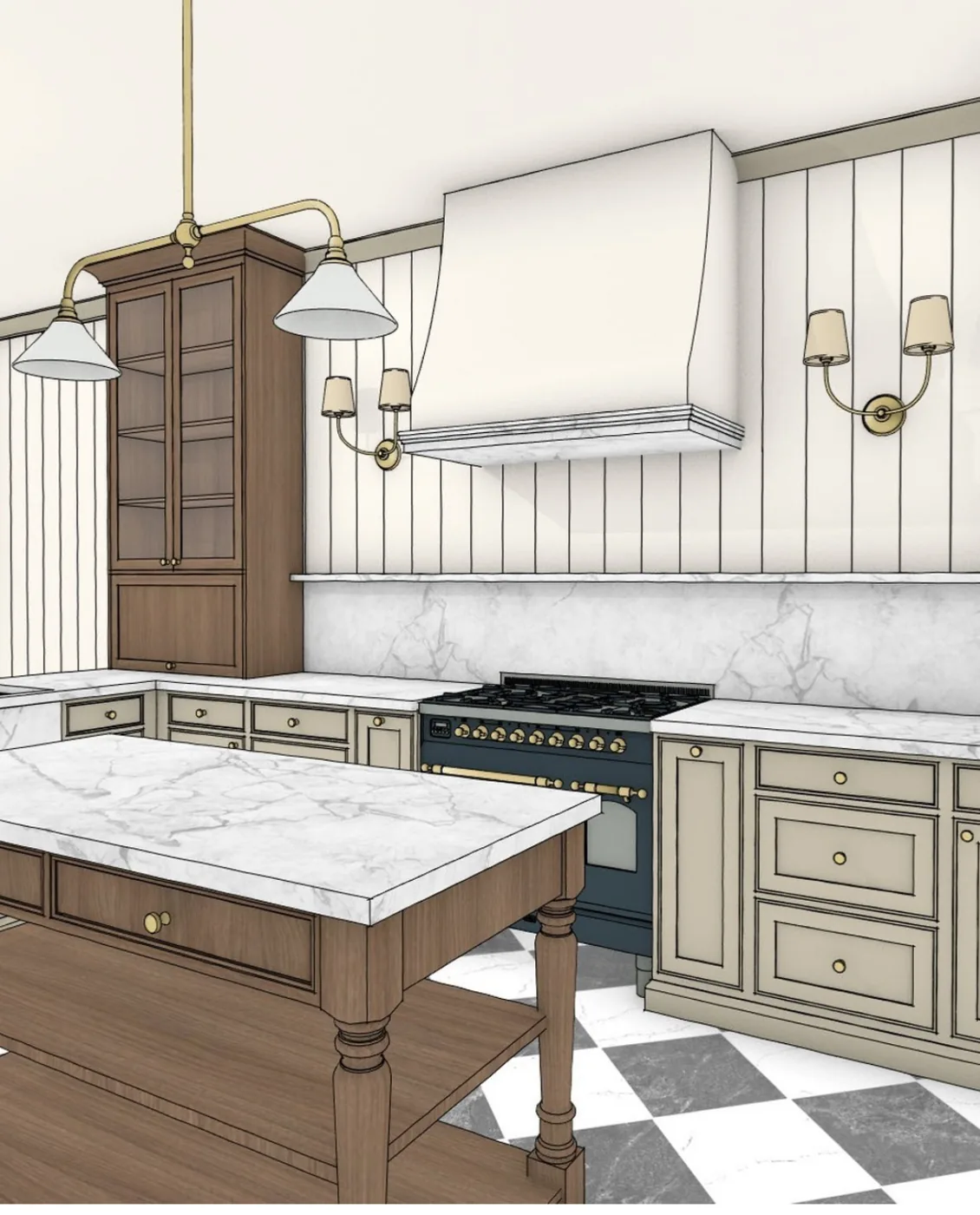 Rendering of a kitchen with a marble island, oak cabinets and a plaster range hood