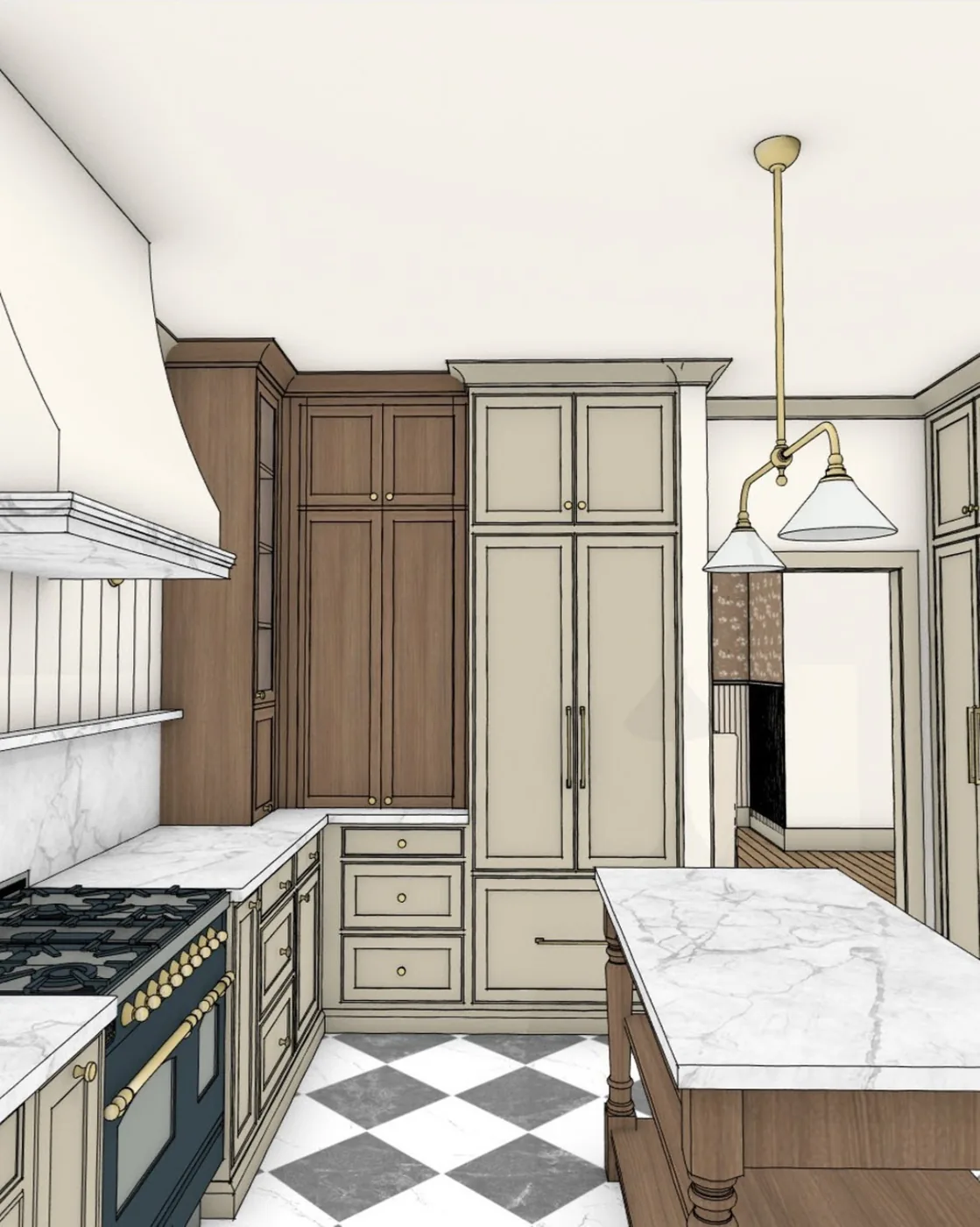 Rendering of built-in pantry storage beside a marble island