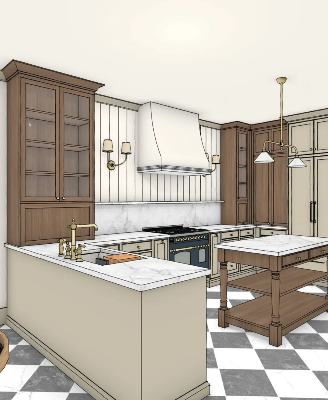 Rendering of a range wall with a paneled hood, inset cabinets and a checkerboard floor